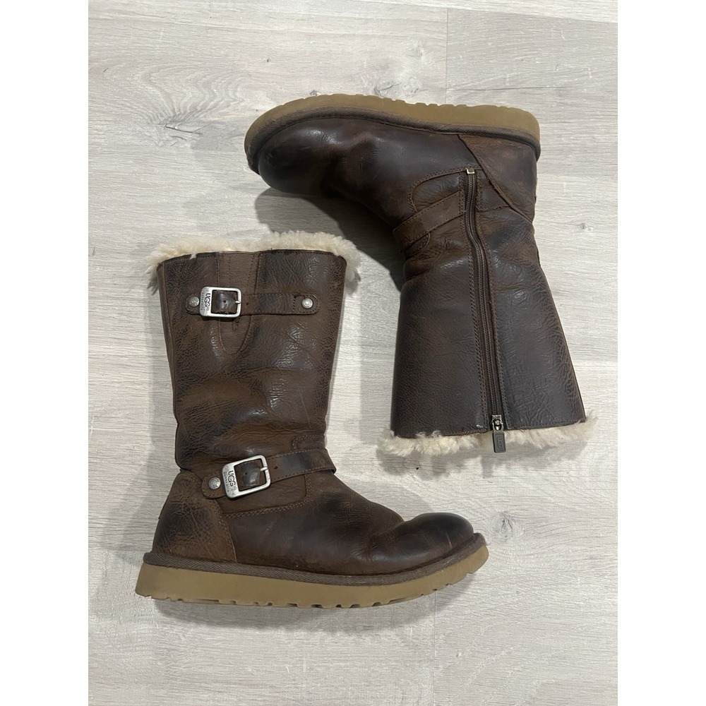 UGG 5678 Kensington Black Leather Shearling Biker Buckle Moto Boots Women Sz 5